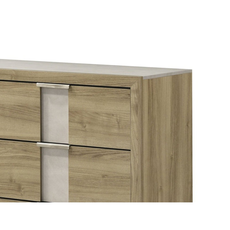 Commode large Amey avec 6 tiroirs, garniture blanche, finition brun bois flotté