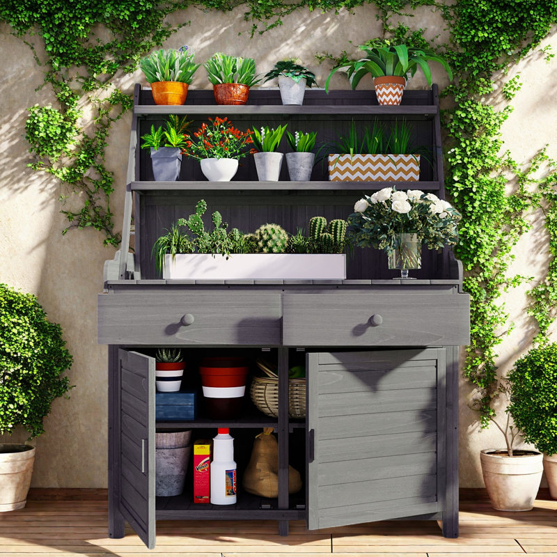 Table de jardin avec 2 tiroirs, 2 armoires et tablettes de rangement, Gris