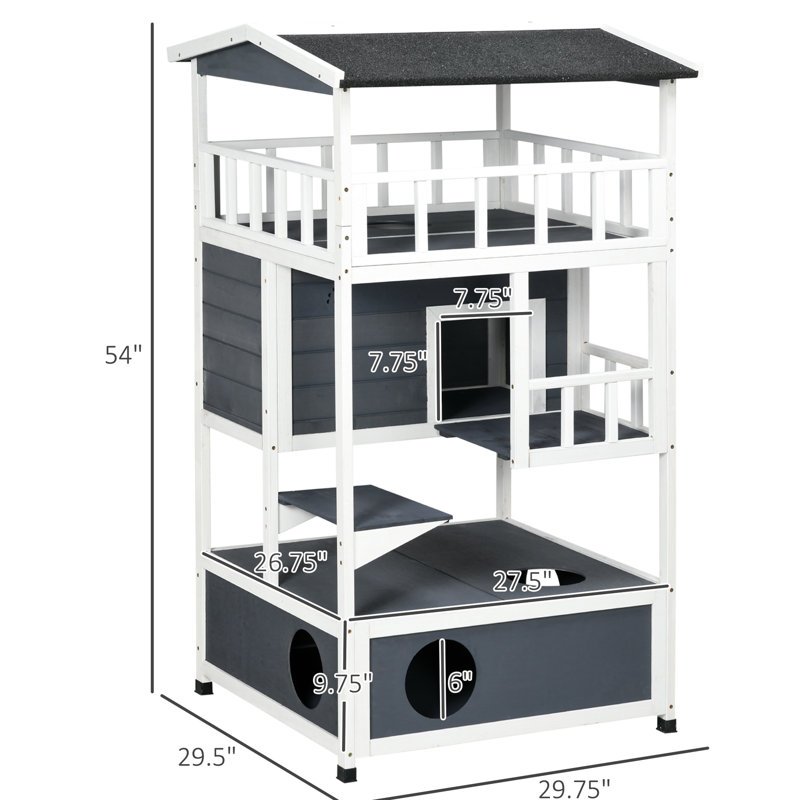 Chat extérieur gris agréable, abri en bois avec toit en asphalte, portes de secours, plateforme de saut pour les chatons d'une capacité de 10 lb, plateforme, chats robustes, facile d'entretien