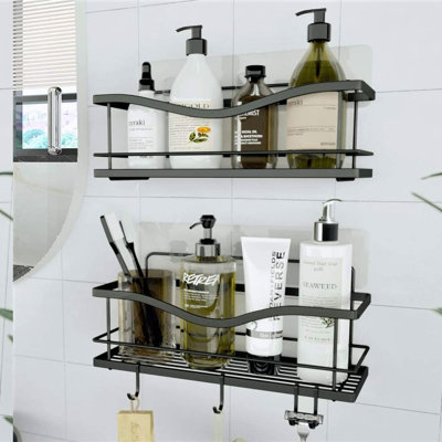 RustShield Shower Caddy Duo: Stainless Steel Adhesive Wall Mount Baskets with Hooks - Matte Black