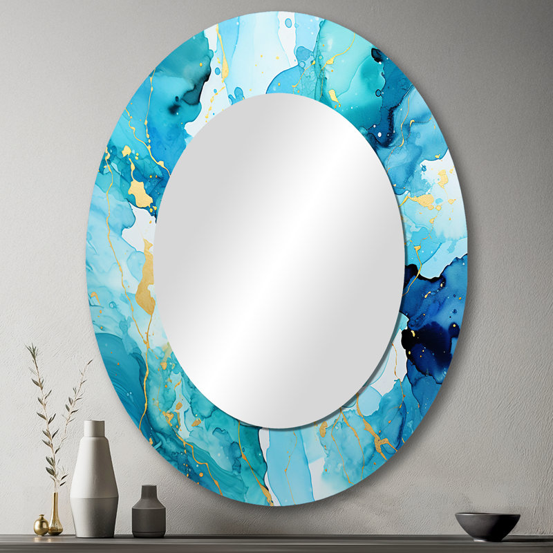 Love Spirit Turquoise And Orange Marble Art II - Blue Oval Wall Mirror Decor, 43" x 33"