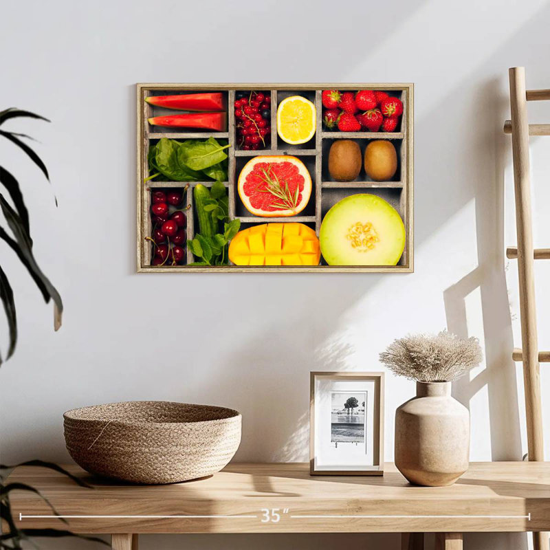 Bento légumes et fruits, 19 po x 13 po, Cadre flottant en bois naturel
