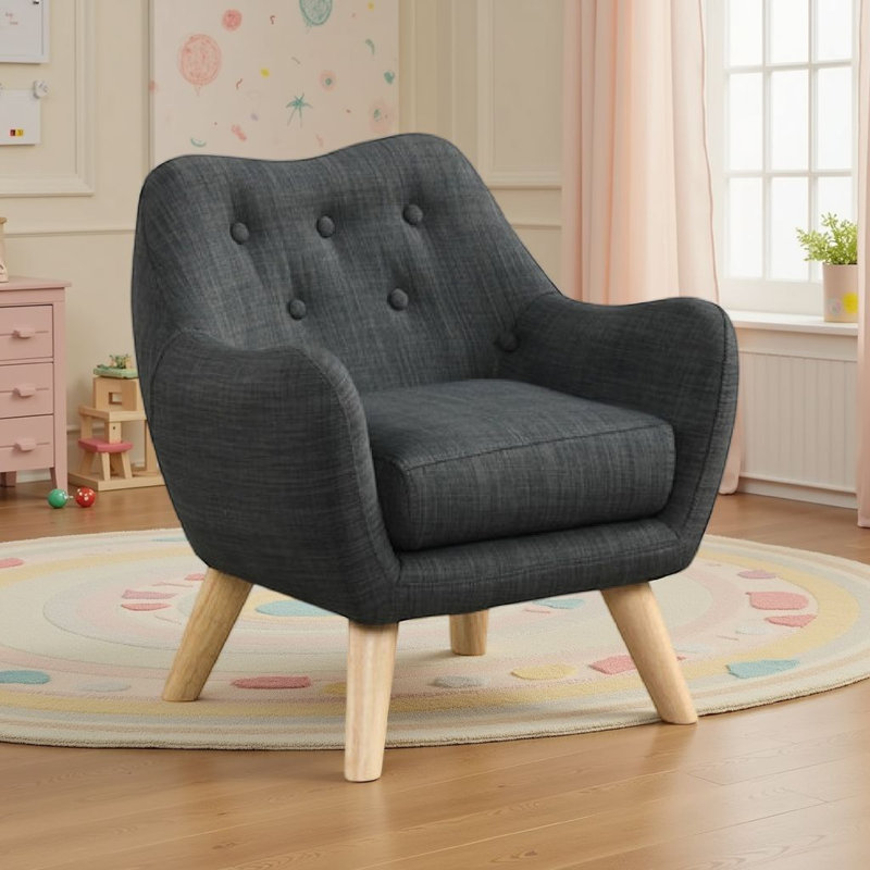 Chaise pour enfant Binie avec pieds en bois, lin capitonné rose mauve, Gris