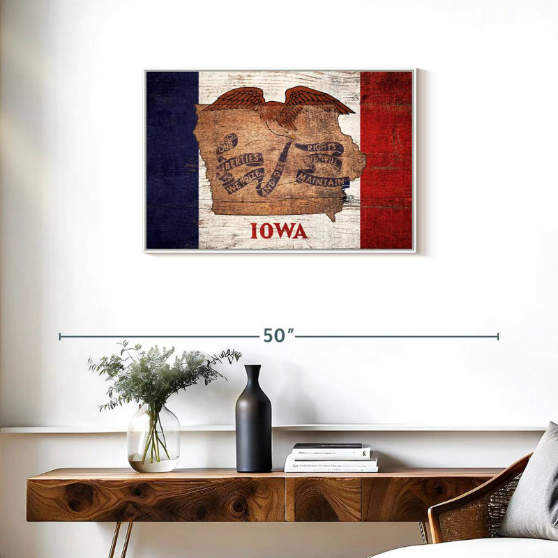 Carte d'État sur le drapeau de l'Iowa, Cadre flottant blanc, 31 po x 21 po