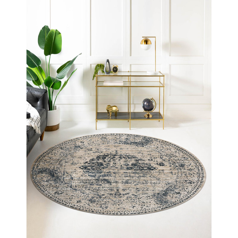 Arkeen Oriental Dark Blue/Beige/Ivory/Gray Area Rug, Round 7'1"