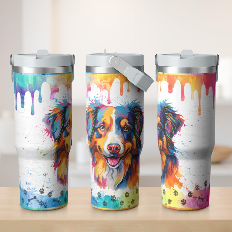 Gobelet 30 oz avec couvercle et poignée Gobelets isothermes en acier inoxydable Bouteille d'eau mignonne avec rabat (chien)