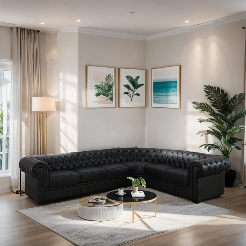 Ensemble de canapé de salon long en cuir véritable de style anglais 3 pièces, Noir