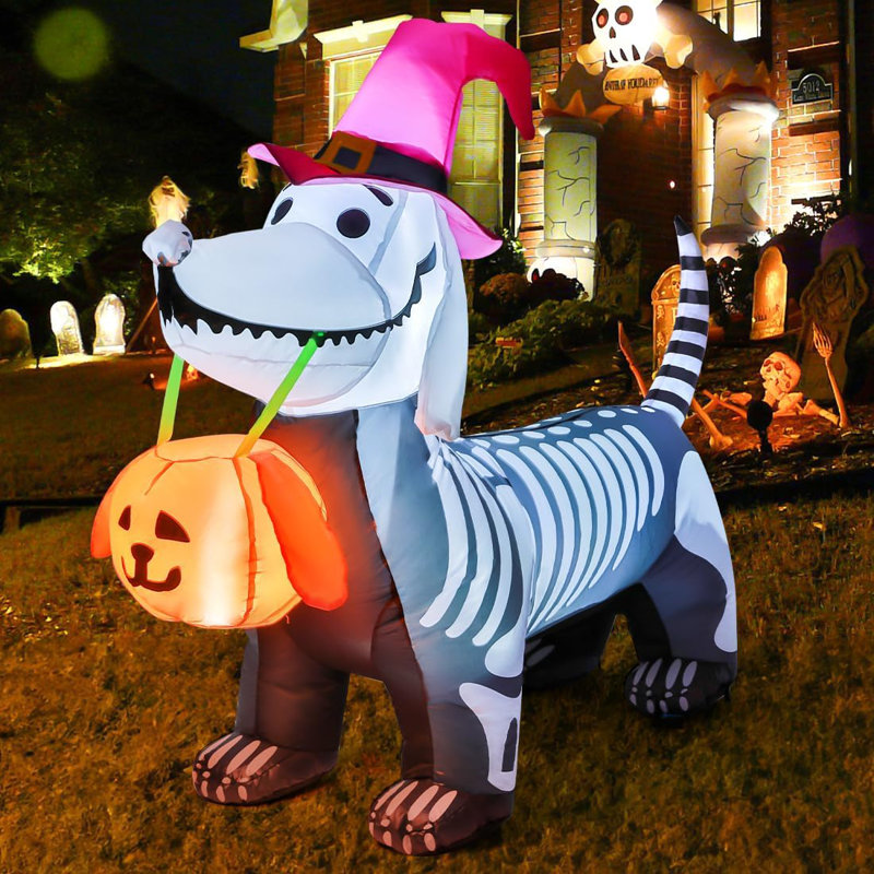 Fassett Halloween Inflatable 5.7 FT Skeleton Puppy Dog Inflatable with Build-in LEDs
