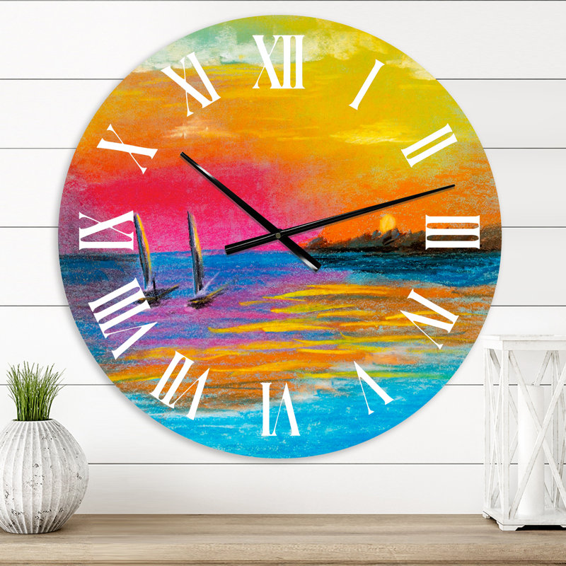 Horloge murale surdimensionnée de petits bateaux arrivant à la côte pendant le coucher du soleil I, Petit