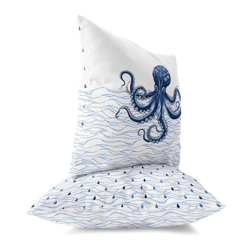 Coussin Oceanic Octo Art, H 26 po x l 26 po, Bleu / blanc