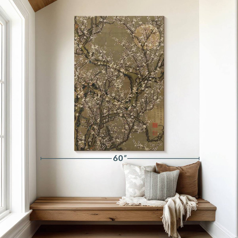 Prunier blanc en fleurs et lune, H 51 po x l 34 po