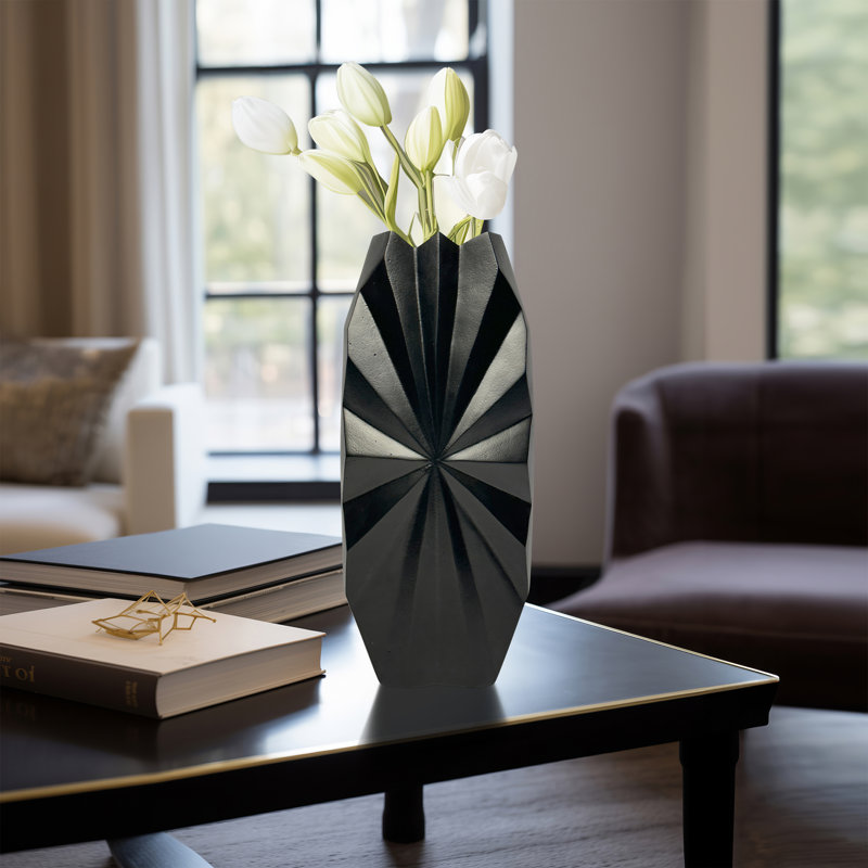 Modern Decorative Aluminum Vase with Sculptural Faceted Starburst Design - Black, Black, 16" H x 8" W x 4" D