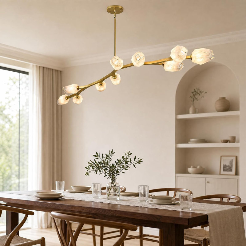 Lustre à branches en laiton antique à 6 lumières, intensité variable, 42 pouces, avec abat-jour en verre taillé nuageux, 42"