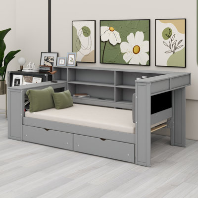 Lit plateforme en bois avec tablettes de rangement, tiroirs, station de charge, DEL, bureau et tête de lit tapissier