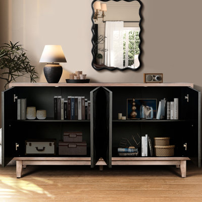 Buffet antique noir avec 4 portes concaves et convexes à motif 2 tablettes - Armoire de cuisine spacieuse de 60 po de style rétro