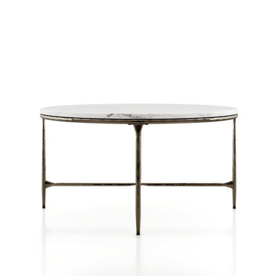Aureum 35"W Round Genuine Marble Coffee Table with Hammered Metal X-Brace