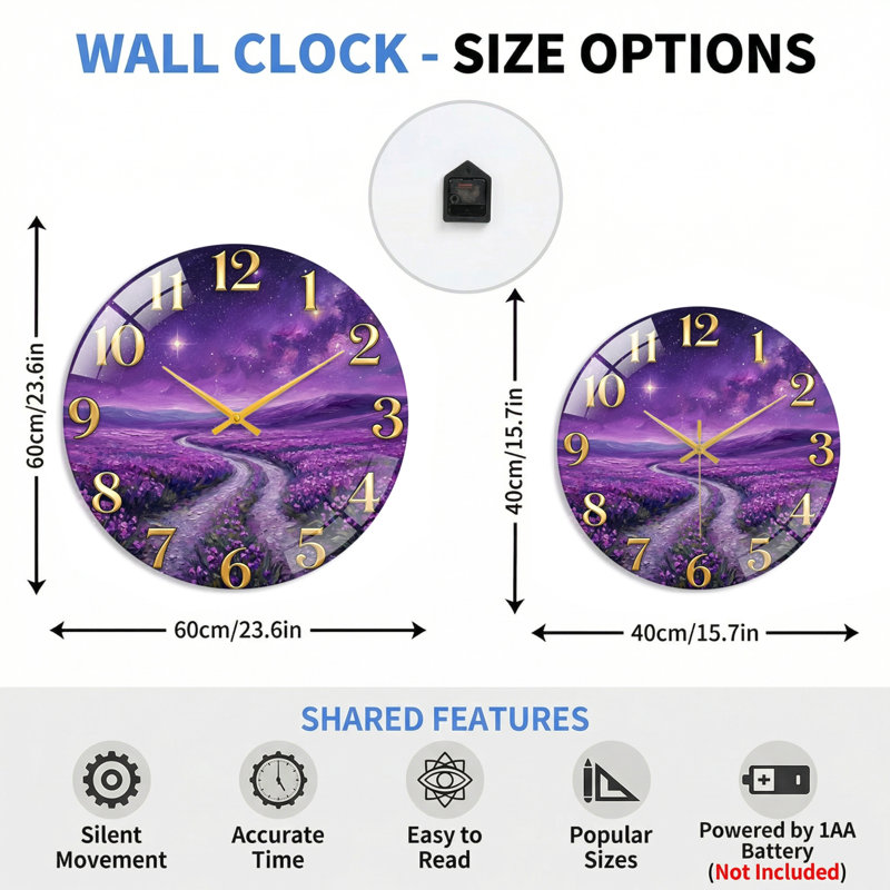 Horloge murale en verre mauve décorative moderne 23,6 po, 60 x 60 cm (23,6 x 23,6 pouces)