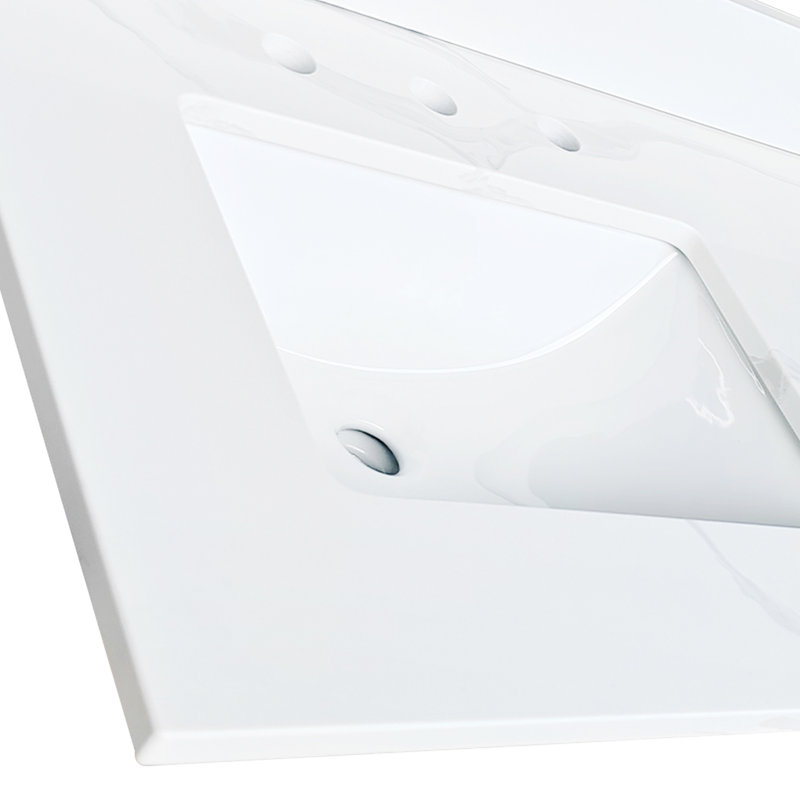Plan de toilette en quartz blanc de 155 cm pour salle de bain double, 2 lavabos encastrés, dosseret de 10 cm de hauteur, trous pré-percés pour la robinetterie, salle de bain spacieuse résistante aux taches et à la chaleur, idéale pour une salle de bain moderne.
