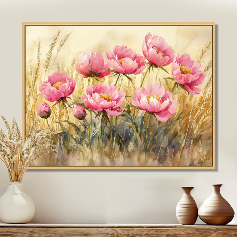 Donnah pivoines dans le champ d'herbe de blé I - pivoines, art mural, H 12 po x l 20 po, Impression encadrée flottante