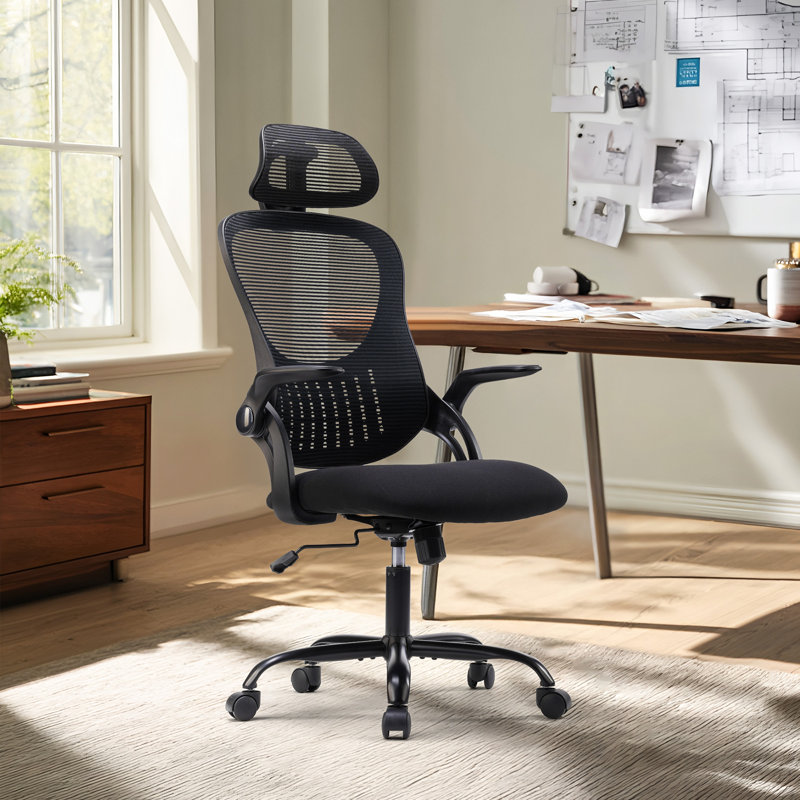 Chaise de bureau ergonomique à dossier haut en filet avec accoudoirs pivotants et appui-tête réglable, Noir, noir, noir, noir