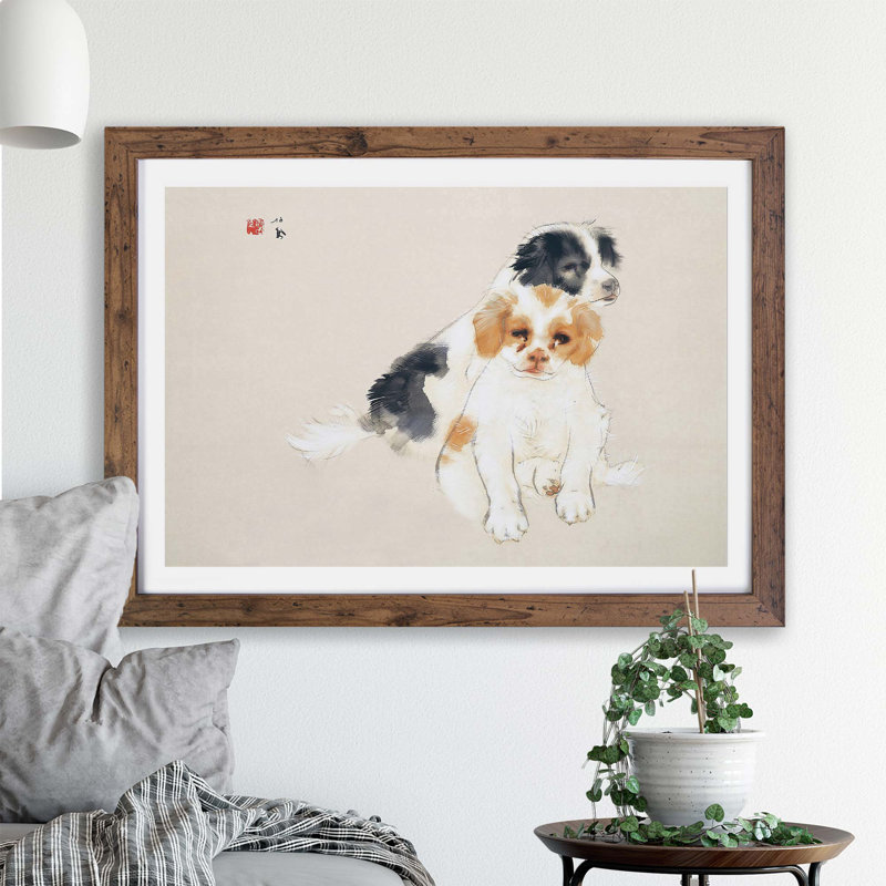 Two Puppies - Framed Print, 24cm H x 33cm W x 2cm D, Walnut