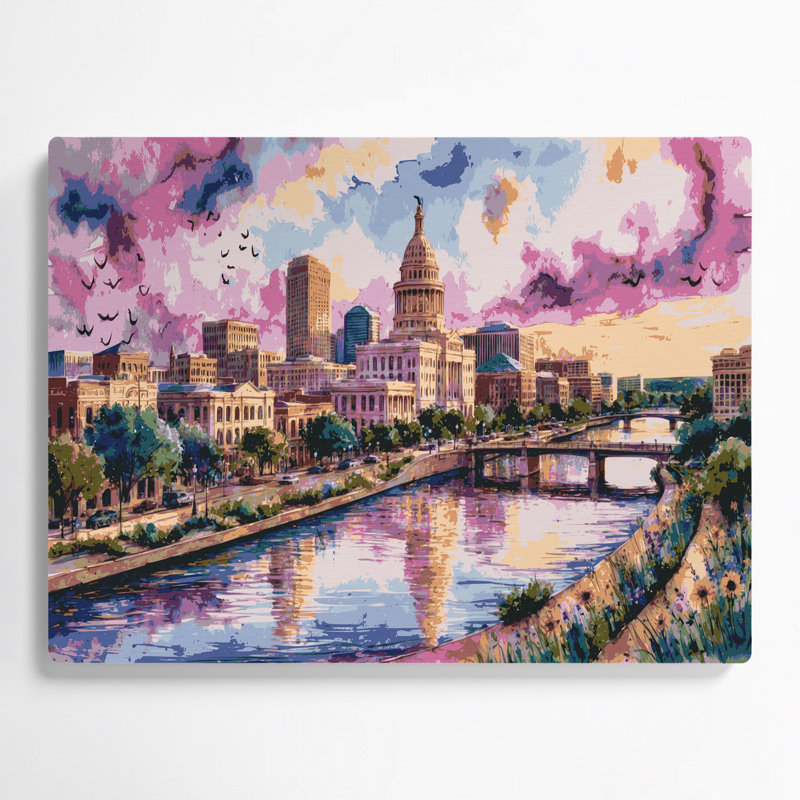 Art mural beige en métal avec cités «City Austin», H 24 po x l 36 po