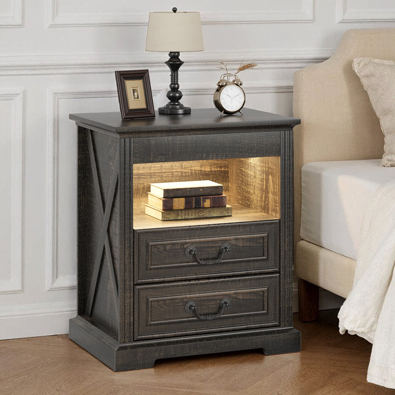 2-Drawer Nightstand With Led Light & Human Sensor, Rustic Brown