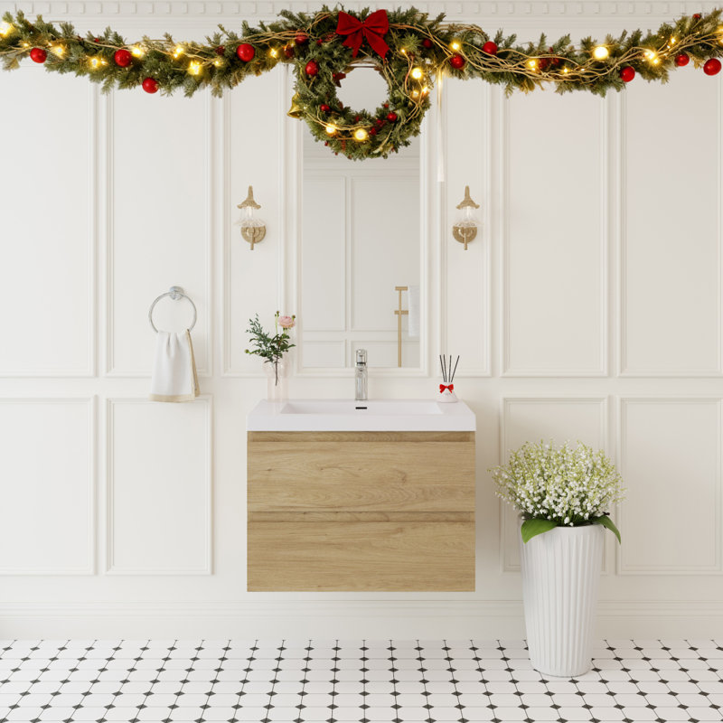 Meuble-lavabo mural 30 po avec lavabo, meuble-lavabo mural moderne avec lavabo à surface solide et tiroirs à fermeture en douceur, chêne naturel GF-24V11-30NO-W1573P152696