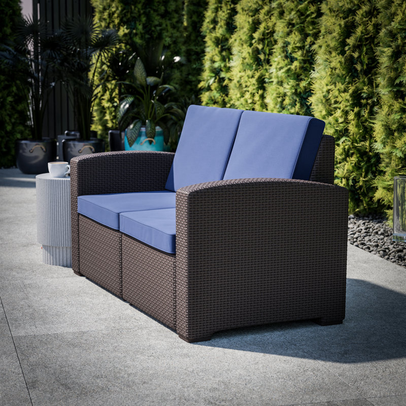 Alderman Faux Rattan Loveseat with All-Weather Cushions, Brown/Navy