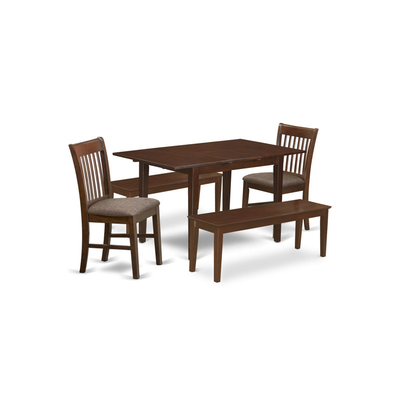 Ensemble de salle à manger 5 pièces comprenant une table de salle à manger rectangulaire avec rallonge papillon et 2 chaises de salle à manger en tissu de lin avec 2 bancs, acajou