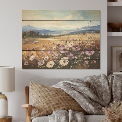 Bleuet mauve dans un paysage de montagne I - fleurs, art mural sur bois de pin naturel