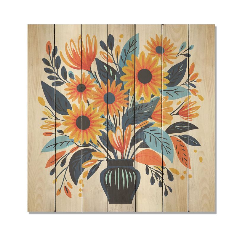 Yellow Boho Sunflower Bouquet Elegance II - Sunflower On Wood Print, 30" H x 30" W