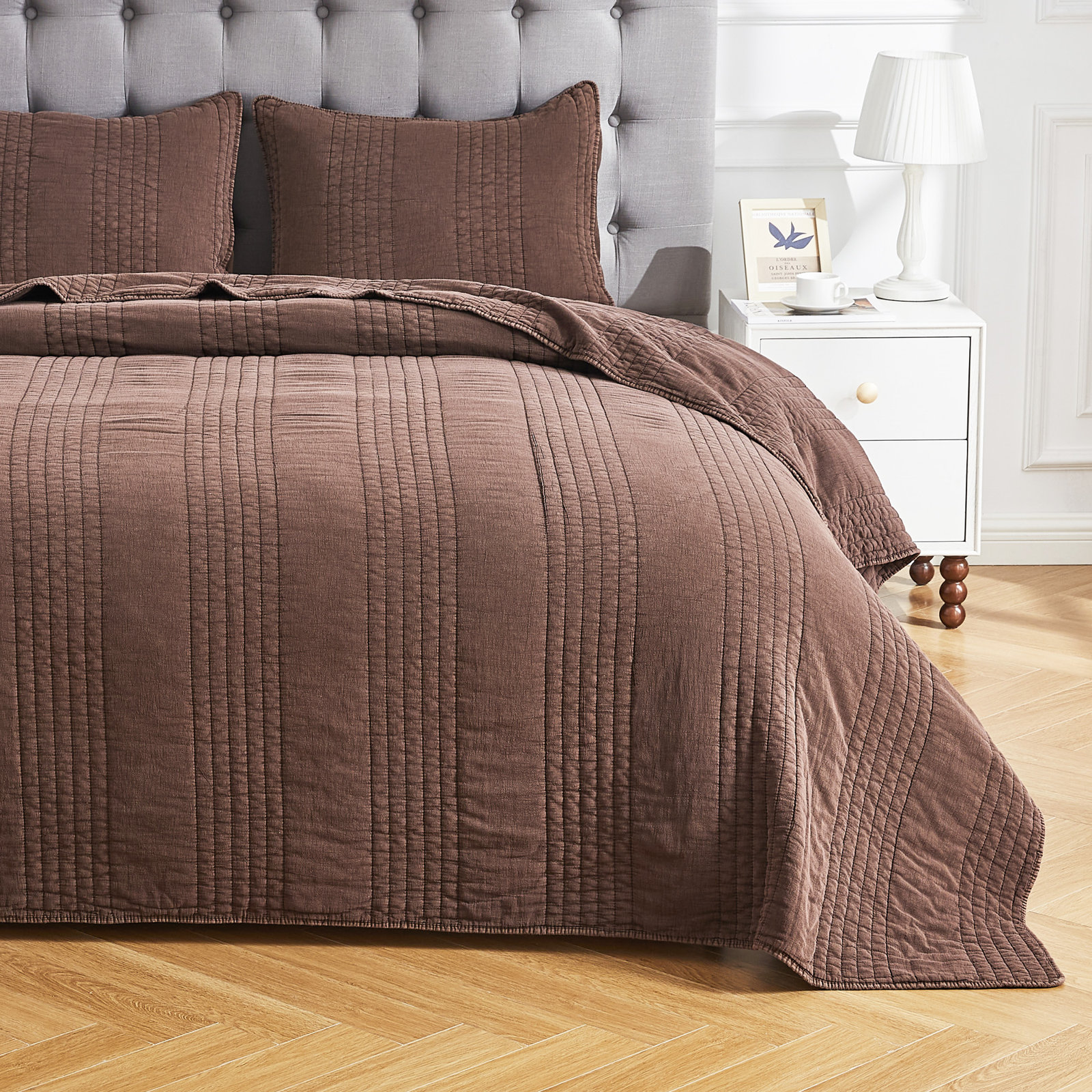 Cotton Quilt Set, Queen Quilt + 2 Standard Shams, Espresso