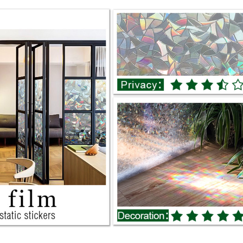  Film de fenêtre d'intimité 3D Rainbow Static Cling, bloquant les rayons UV et la chaleur pour la maison et le bureau