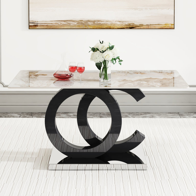 Grande table de salle à manger rectangulaire avec un design minimaliste moderne pour 6 à 8 personnes, surface de 0,4 pouce, support en forme d'oc, base en métal, matériau en pierre frittée, couleur principale blanche et noire, 63 po de profondeur,