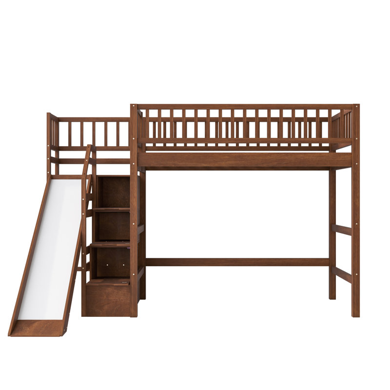 Lit mezzanine simple avec glissière d'escalier et lumières DEL Lumi Slide, Twin, Walnut