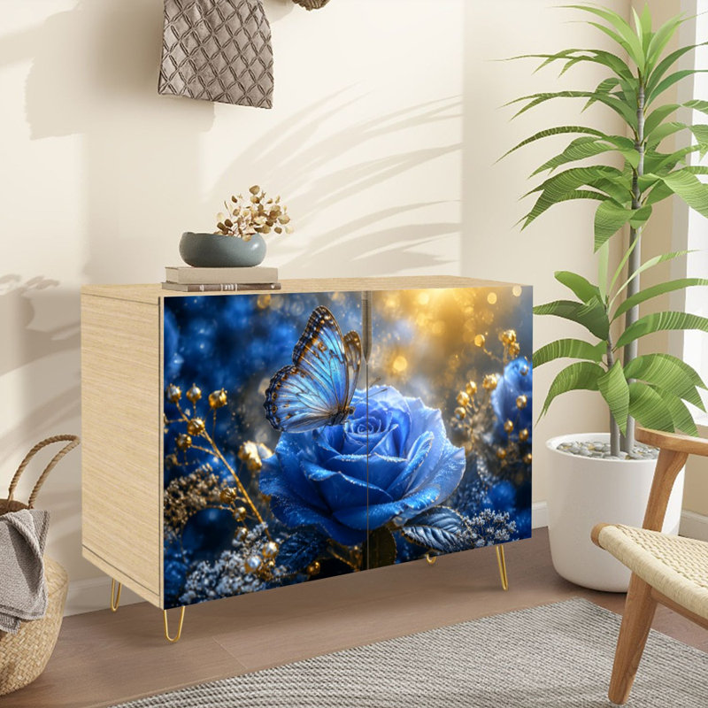 Buffet Buffet avec rangement Fleurs papillon bleues et décorations scintillantes Dreamy Glow avec 2 portes pour le salon et la cuisine