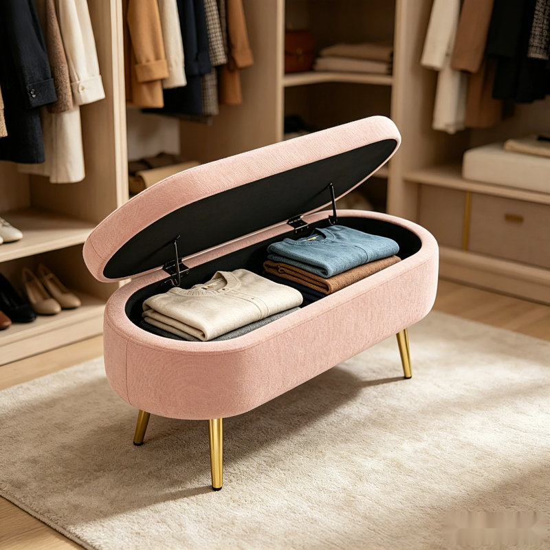 Long tabouret de rangement en velours rose français