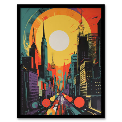 Maximina Wall Street New York City Retro Sunrise Cityscape 60s Style 1 Piece Single Picture Frame Wall Art