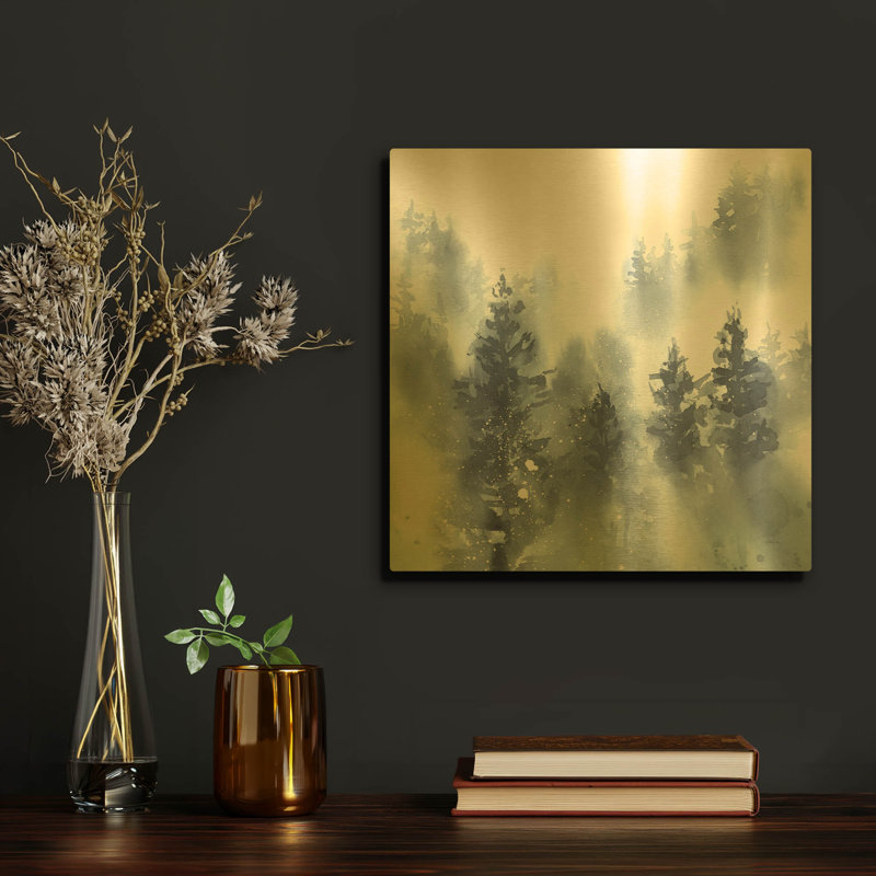 «Misty Forest II» par Katrina Pete, art mural en métal doré, 12 po x 12 po, 12 po x 12 po