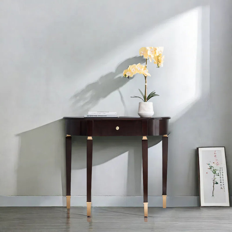 Console semi-circulaire dorée, Bois brun foncé, H 30,7 po x l 35,4 po x P 13,8 po