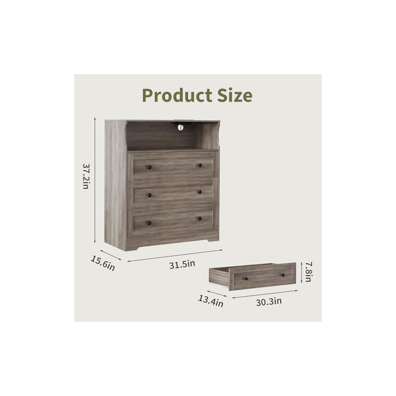 Small Dresser for Bedroom Closet Bedside with 3 Drawers, Wooden Dressers with Charging Station and LED Lights, Grey