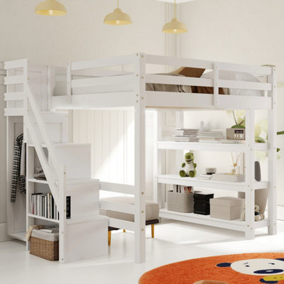 Loft Bed with Storage Staircase, Shelves, Small Wardrobe, and White LED Light – White
