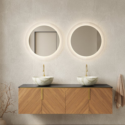 60" Floating Bathroom Vanity, 2 White Bowl Ceramic Basin, Black Sintered Stone Countertop, Brown Oak Grain Finish, Diagonal Design, Large Storage Space Plywood Cabinet 60", , Easy To Install