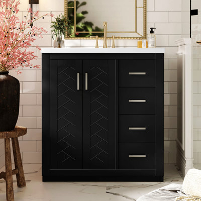 Ensemble de meuble-lavabo 30 po avec lavabo en céramique, armoire de rangement en bois massif, ensemble de meuble-lavabo autoportant avec 3 tiroirs et portes à fermeture douce