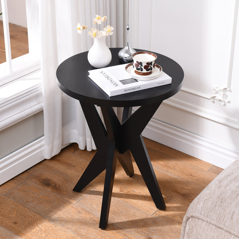 Jahey Wooden Crossed Legs Round End Table with Smooth Top and Sturdy Four-Leg Base, Black Top/Black Base, 1