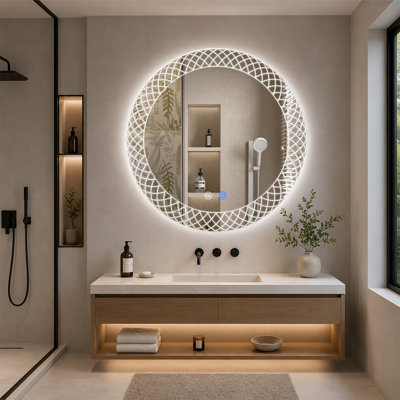 Round LED Bathroom Mirror with Defogger, 3-Color Dimmable Light & Decorative Grid Design