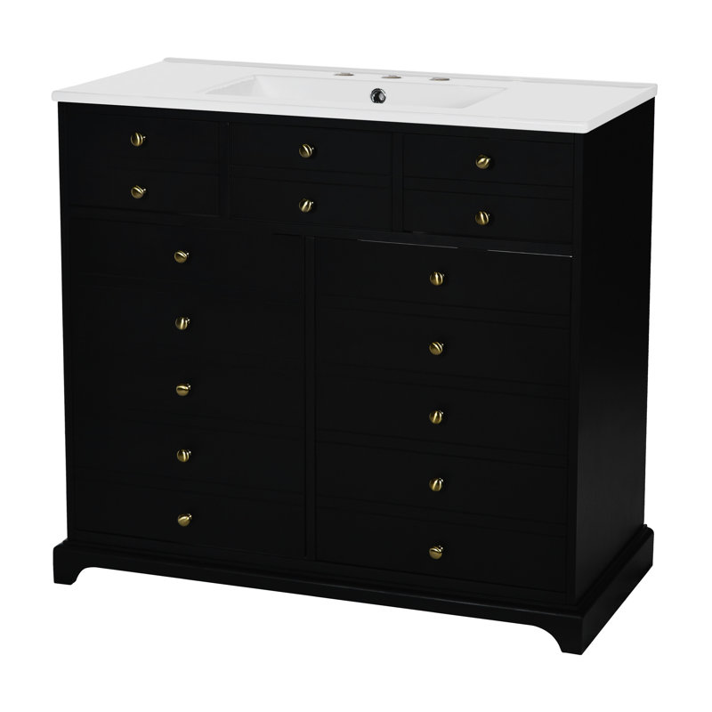 Armoire de salle de bain en bois massif noir avec 2 tiroirs compartiment de rangement dissimulé avec tiroirs en céramique, espace pour l'essentiel