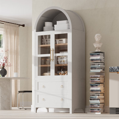 K&K 71" Tall Arched Kitchen Pantry Cabinet With 2 Large Drawers, Modern Farmhouse Kitchen Storage Cabinets With Adjustable Shelves, Glass Door, Wood Versatile Cupboard For Kitchens, Dining Room, White