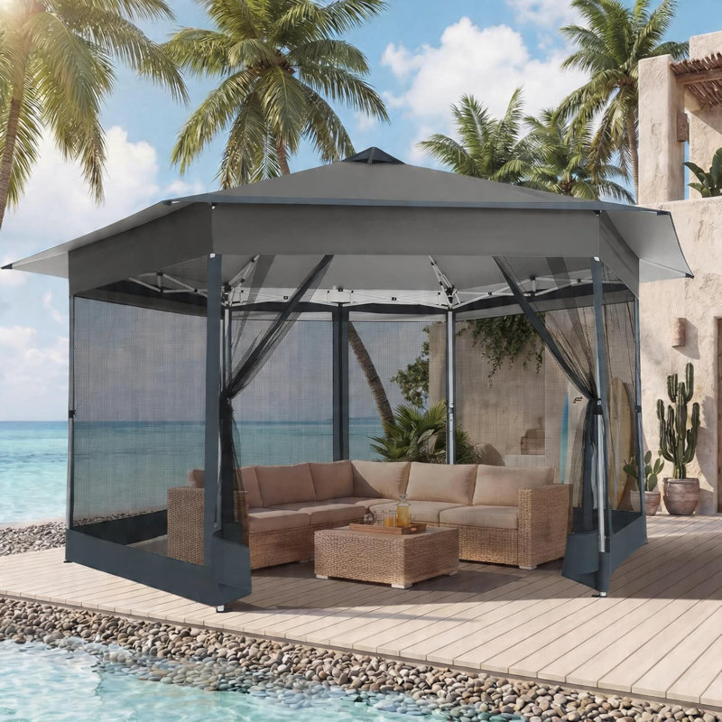13x13ft Pop Up Gazebo Tent with Mosquito Netting, Hexagonal Outdoor Canopy Shelter, Patented Center Lock 6-Sided Portable Gazebos